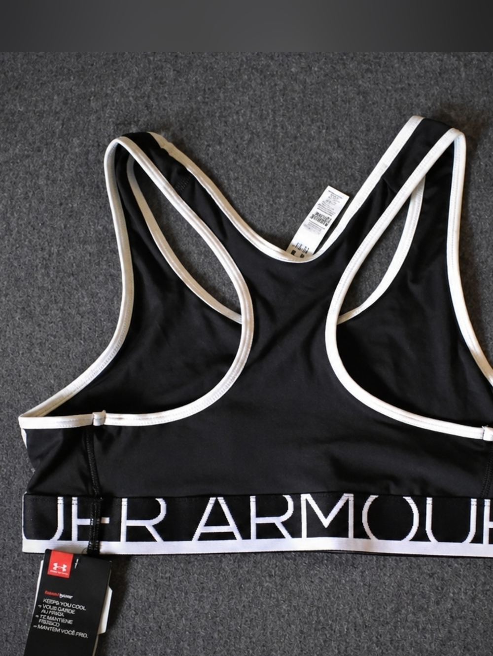 NWT Under Armour Girls Sports Bra Sz YLG Black White HeatGear - Picture 2 of 4